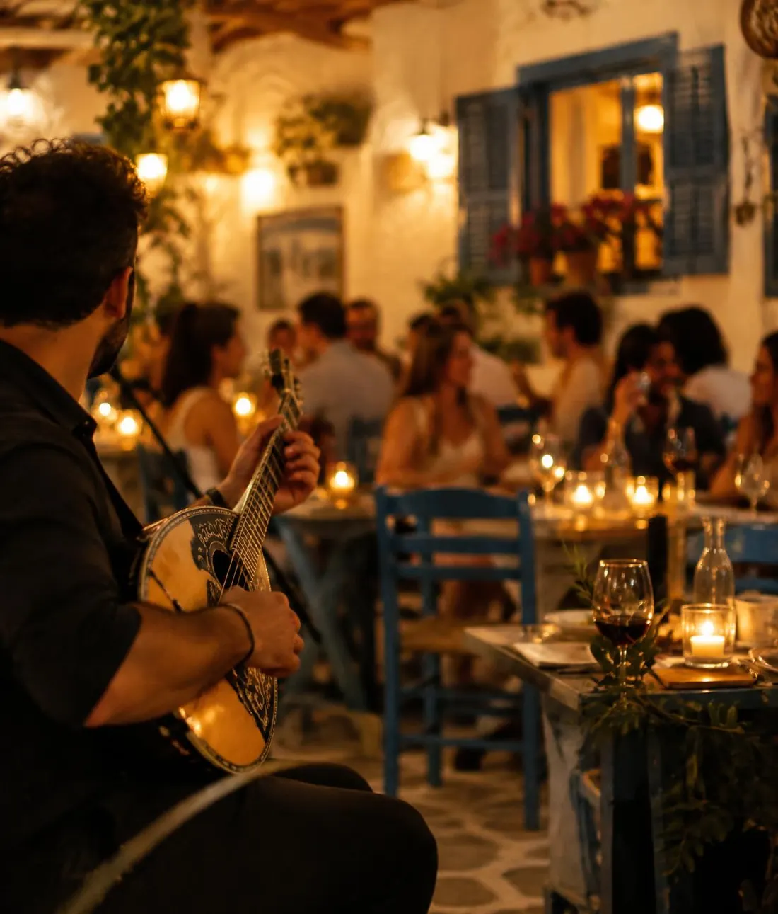Muzician cântând la buzuchie într-o tavernă luminată cald, cu oaspeți la mese