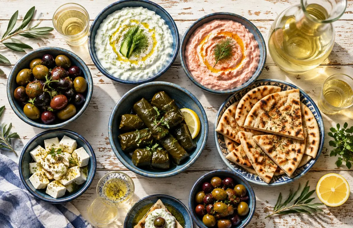 Masă cu aperitive grecești: tzatziki, taramosalata, sarmale în foi de viță, măsline și pita